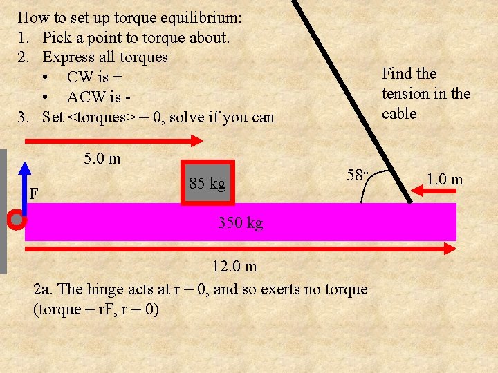 How to set up torque equilibrium: 1. Pick a point to torque about. 2.