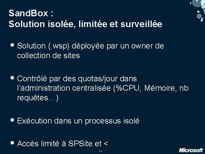 Sand. Box : Solution isolée, limitée et surveillée • Solution (. wsp) déployée par