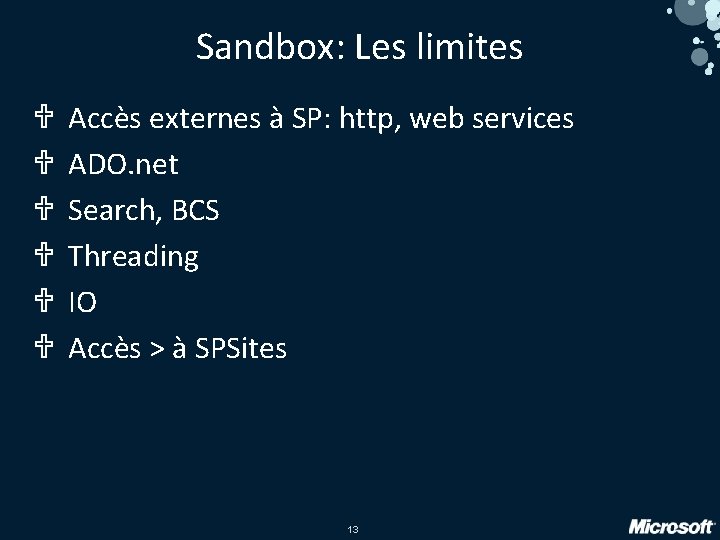 Sandbox: Les limites Accès externes à SP: http, web services ADO. net Search, BCS