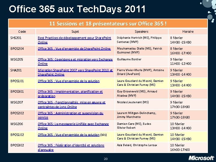 Office 365 aux Tech. Days 2011 11 Sessions et 18 présentateurs sur Office 365