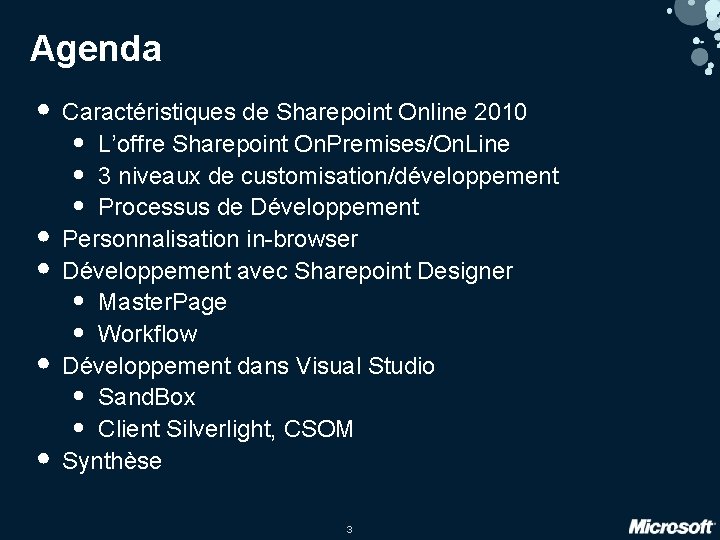 Agenda • Caractéristiques de Sharepoint Online 2010 • • L’offre Sharepoint On. Premises/On. Line