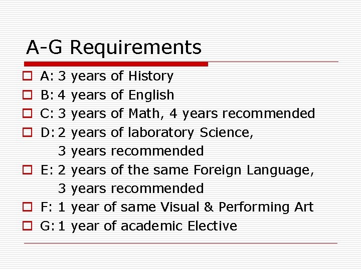 A-G Requirements A: 3 B: 4 C: 3 D: 2 3 o E: 2