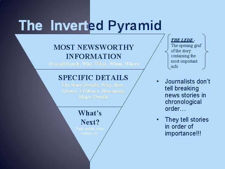 The Inverted Pyramid MOST NEWSWORTHY INFORMATION Overall Result, Who, What, When, Where SPECIFIC DETAILS