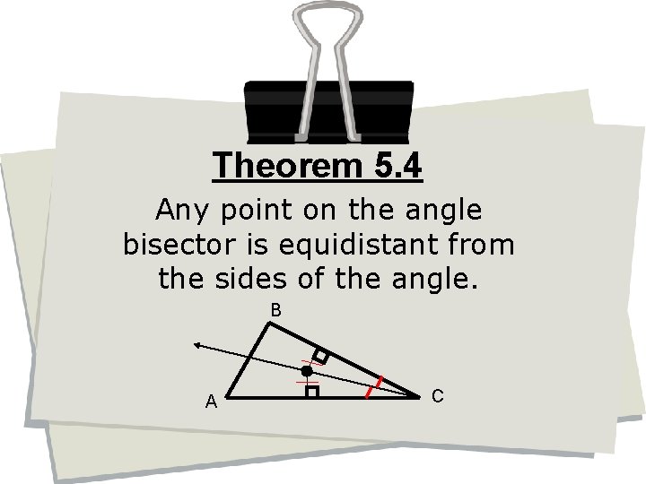 Theorem 5. 4 Any point on the angle bisector is equidistant from the sides