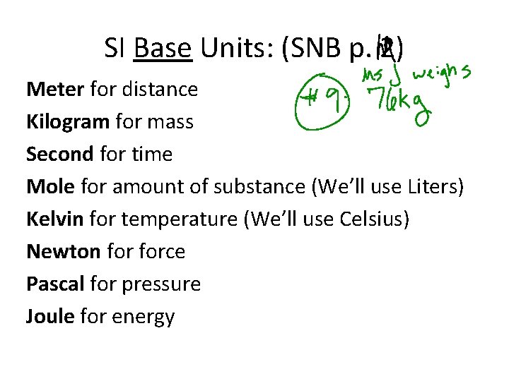 SI Base Units: (SNB p. 2) Meter for distance Kilogram for mass Second for