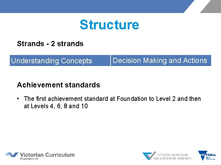 Structure Strands - 2 strands Understanding Concepts Decision Making and Actions Achievement standards •