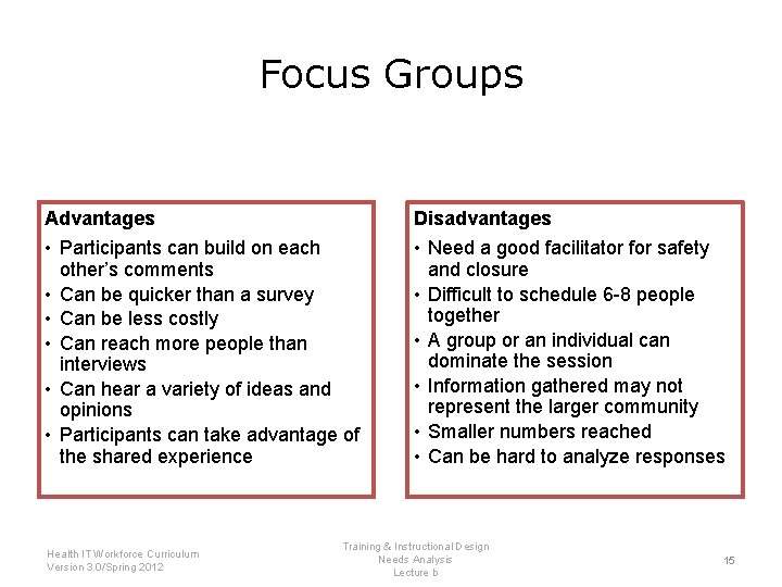 Focus Groups Advantages Disadvantages • Participants can build on each other’s comments • Can