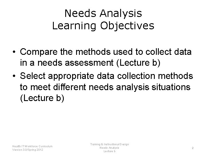 Needs Analysis Learning Objectives • Compare the methods used to collect data in a