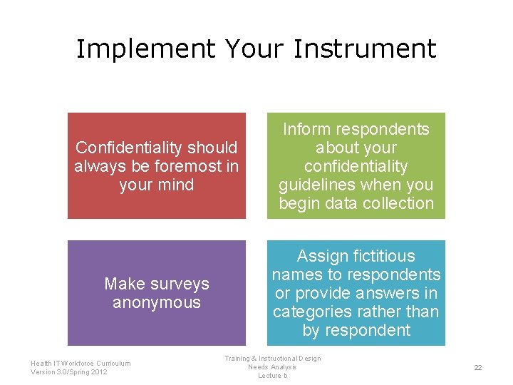 Implement Your Instrument Confidentiality should always be foremost in your mind Inform respondents about