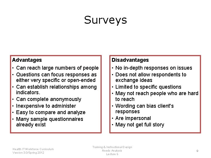 Surveys Advantages Disadvantages • Can reach large numbers of people • Questions can focus