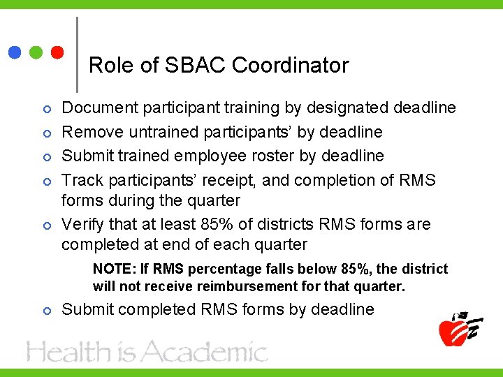 Role of SBAC Coordinator Document participant training by designated deadline Remove untrained participants’ by