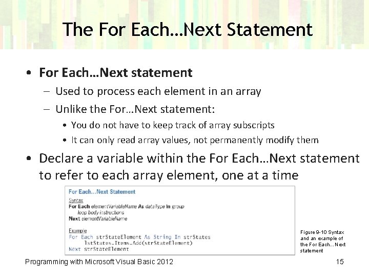 The For Each…Next Statement • For Each…Next statement – Used to process each element