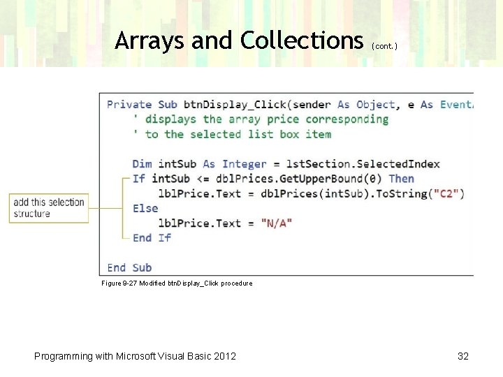 Arrays and Collections (cont. ) Figure 9 -27 Modified btn. Display_Click procedure Programming with