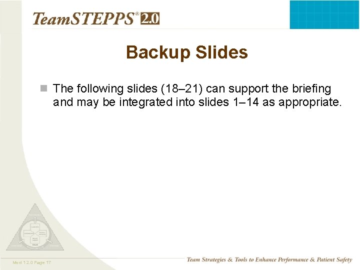 Backup Slides n The following slides (18– 21) can support the briefing and may