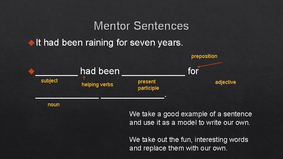 Mentor Sentences It had been raining for seven years. preposition ____ subject had been