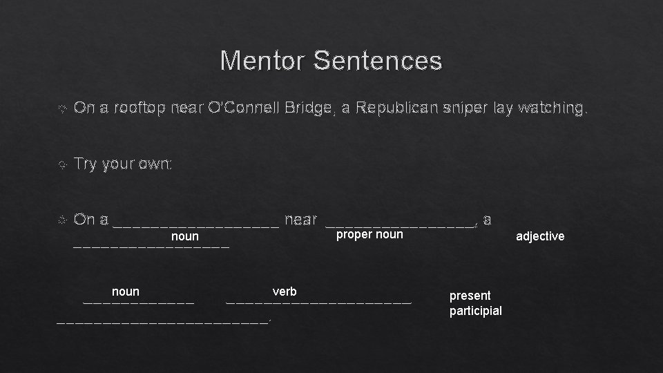 Mentor Sentences On a rooftop near O'Connell Bridge, a Republican sniper lay watching. Try