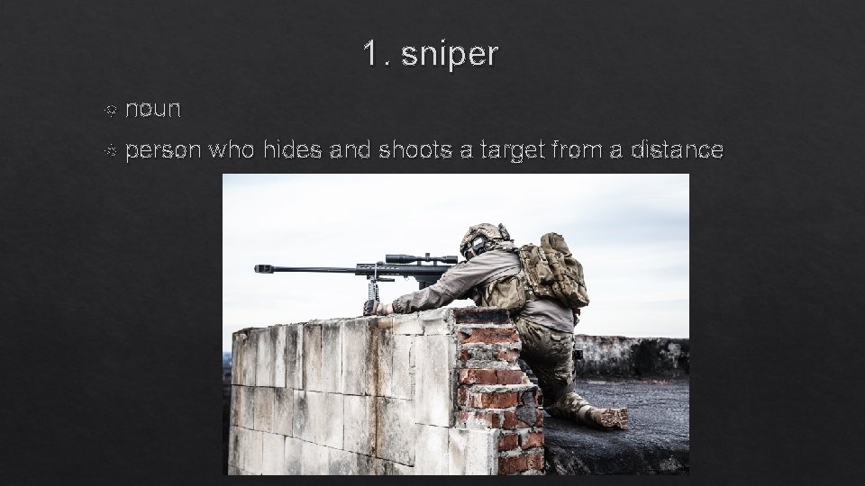 1. sniper noun person who hides and shoots a target from a distance 