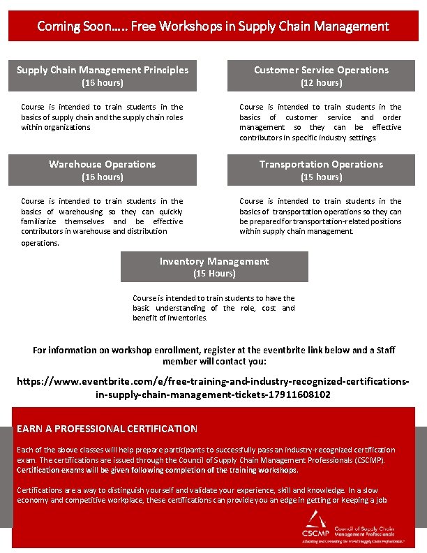 Coming Soon…. . Free Workshops in Supply Chain Management Principles Customer Service Operations Course