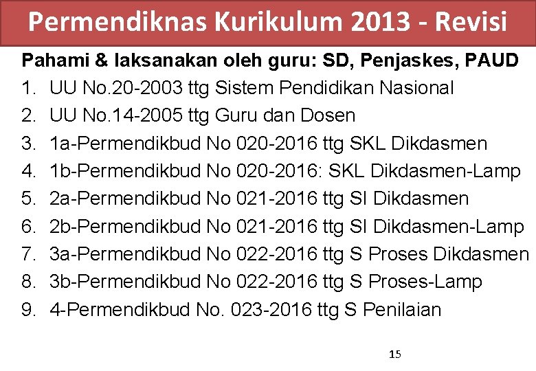 Permendiknas Kurikulum 2013 - Revisi Pahami & laksanakan oleh guru: SD, Penjaskes, PAUD 1.