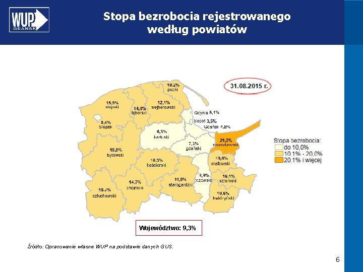 Stopa bezrobocia rejestrowanego według powiatów Województwo: 9, 3% Źródło: Opracowanie własne WUP na podstawie