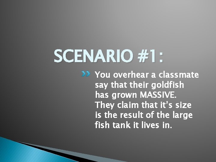 SCENARIO #1: You overhear a classmate say that their goldfish has grown MASSIVE. They