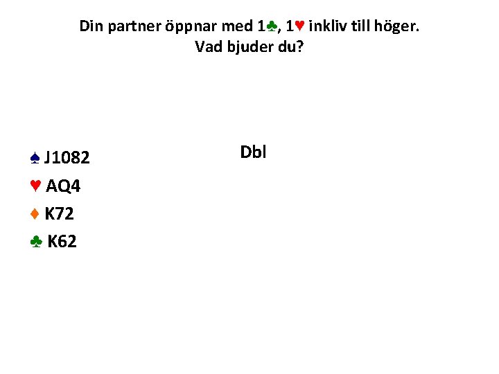 Din partner öppnar med 1♣, 1♥ inkliv till höger. Vad bjuder du? ♠ J