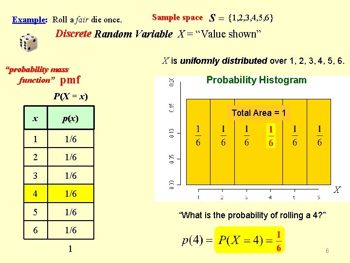 Example: Roll a fair die once. Sample space {1, 2, 3, 4, 5, 6}