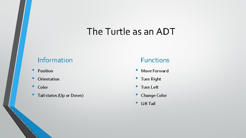 The Turtle as an ADT Information • • Position Orientation Color Tail status (Up