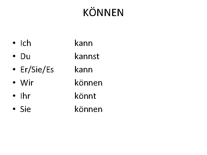 KÖNNEN • • • Ich Du Er/Sie/Es Wir Ihr Sie kannst kann können könnt