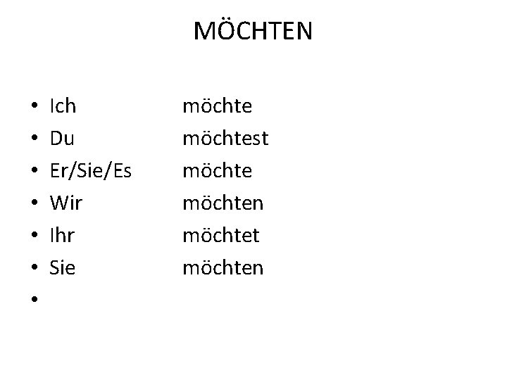 MÖCHTEN • • Ich Du Er/Sie/Es Wir Ihr Sie möchtest möchten möchtet möchten 