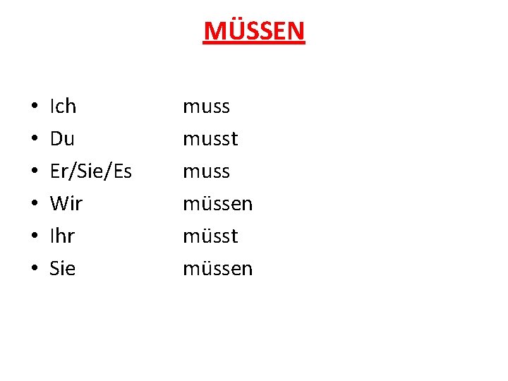 MÜSSEN • • • Ich Du Er/Sie/Es Wir Ihr Sie musst muss müssen müsst