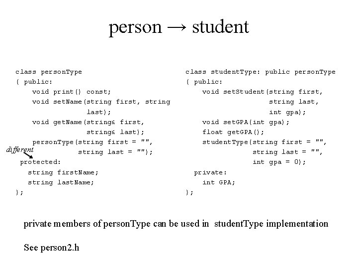 person → student class person. Type { public: void print() const; void set. Name(string