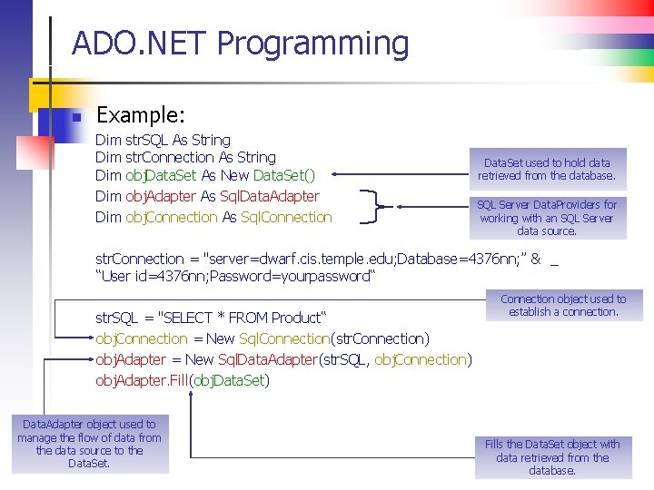 ADO. NET Programming n Example: Dim Dim Dim str. SQL As String str. Connection