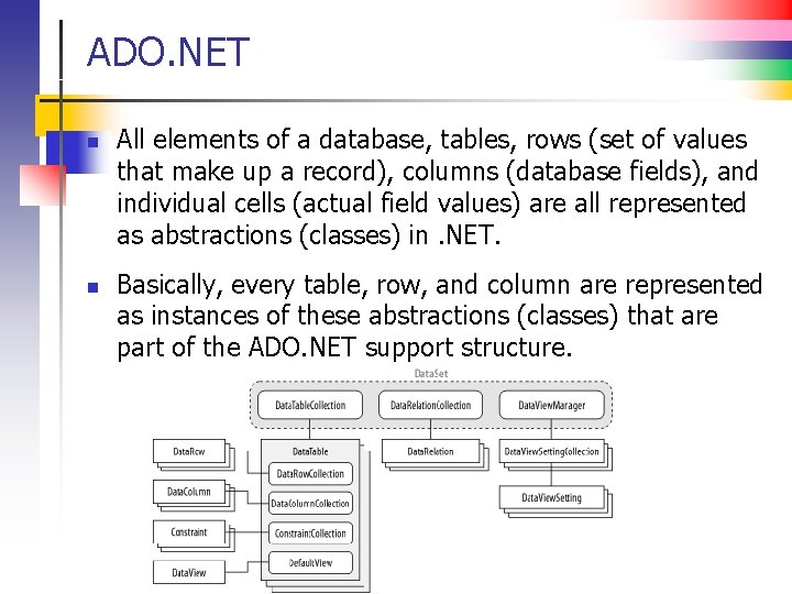 ADO. NET n n All elements of a database, tables, rows (set of values
