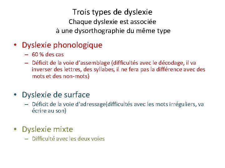 Trois types de dyslexie Chaque dyslexie est associée à une dysorthographie du même type