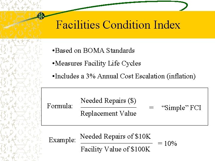 Facilities Condition Index • Based on BOMA Standards • Measures Facility Life Cycles •