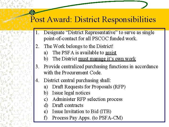 Post Award: District Responsibilities 1. Designate “District Representative” to serve as single point-of-contact for