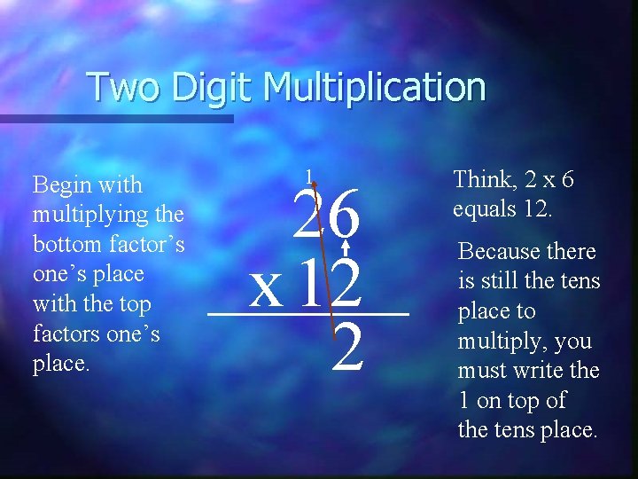 Two Digit Multiplication Begin with multiplying the bottom factor’s one’s place with the top