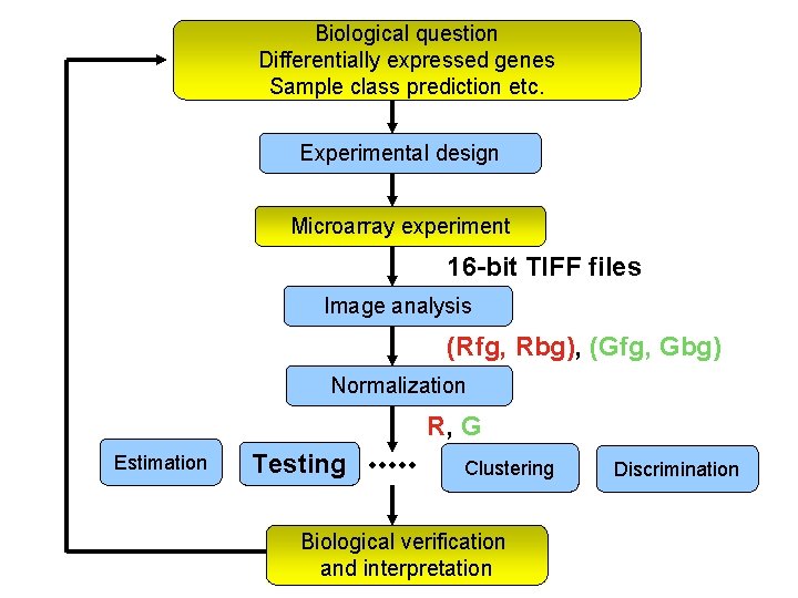 Biological question Differentially expressed genes Sample class prediction etc. Experimental design Microarray experiment 16