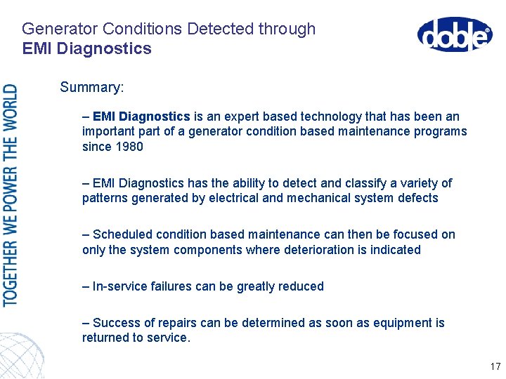 Generator Conditions Detected through EMI Diagnostics Summary: – EMI Diagnostics is an expert based