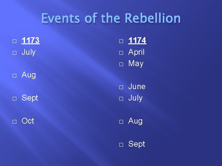 Events of the Rebellion � � 1173 July � � 1174 April May Aug