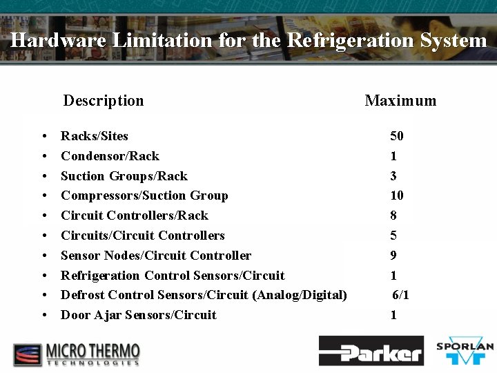 Hardware Limitation for the Refrigeration System Description • • • Racks/Sites Condensor/Rack Suction Groups/Rack