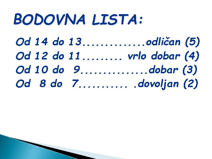 BODOVNA LISTA: Od Od 14 do 12 do 10 do 8 do 13. .