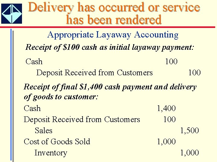 Delivery has occurred or service has been rendered Appropriate Layaway Accounting Receipt of $100
