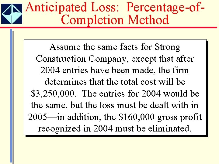 Anticipated Loss: Percentage-of. Completion Method Assume the same facts for Strong Construction Company, except