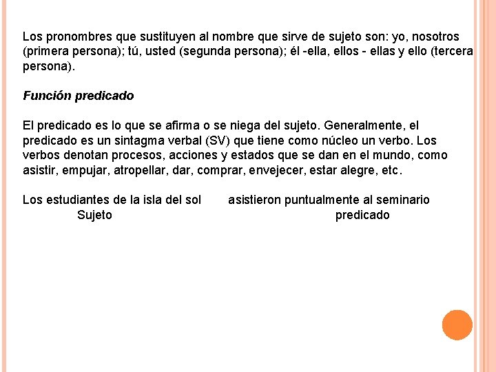 Los pronombres que sustituyen al nombre que sirve de sujeto son: yo, nosotros (primera