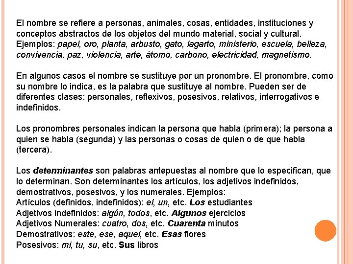 El nombre se refiere a personas, animales, cosas, entidades, instituciones y conceptos abstractos de