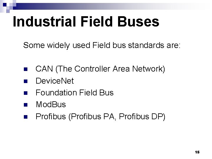 Industrial Field Buses Some widely used Field bus standards are: n n n CAN Industrial Field Buses Some widely used Field bus standards are: n n n CAN