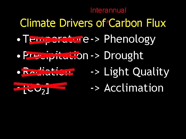 Interannual Climate Drivers of ^Carbon Flux • Temperature-> Phenology • Precipitation -> Drought •