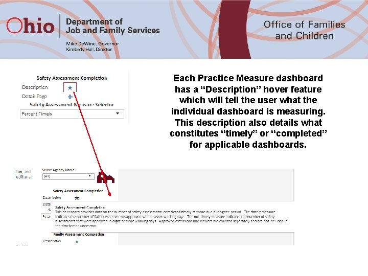 Each Practice Measure dashboard has a “Description” hover feature which will tell the user